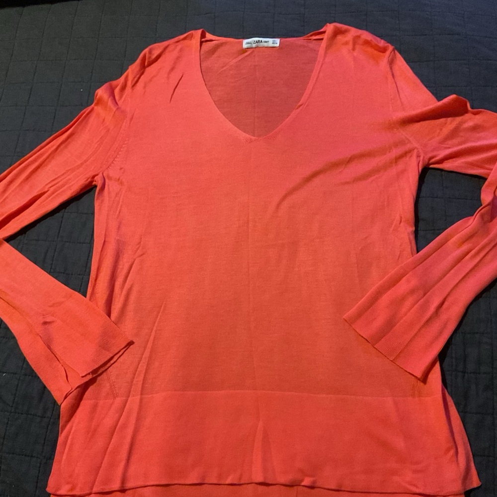 Zara Knit Orange V-Neck Long Sleeve High-Low Hem Pullover Top Womens Large